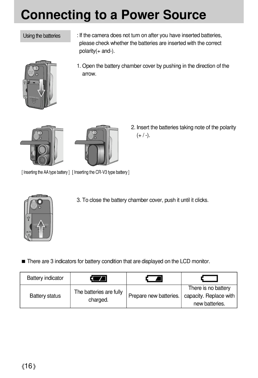 Samsung EC-S500ZSBM/E1, EC-S500ZSBD/FR, EC-S500ZSBC/FR Polarity+, Arrow, Insert the batteries taking note of the polarity + 