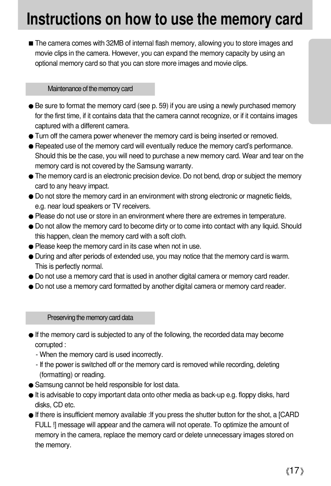 Samsung EC-S500ZSBD/FR, EC-S500ZSBM/E1, EC-S500ZSBC/FR, EC-S500ZSBF/E1 manual Instructions on how to use the memory card 