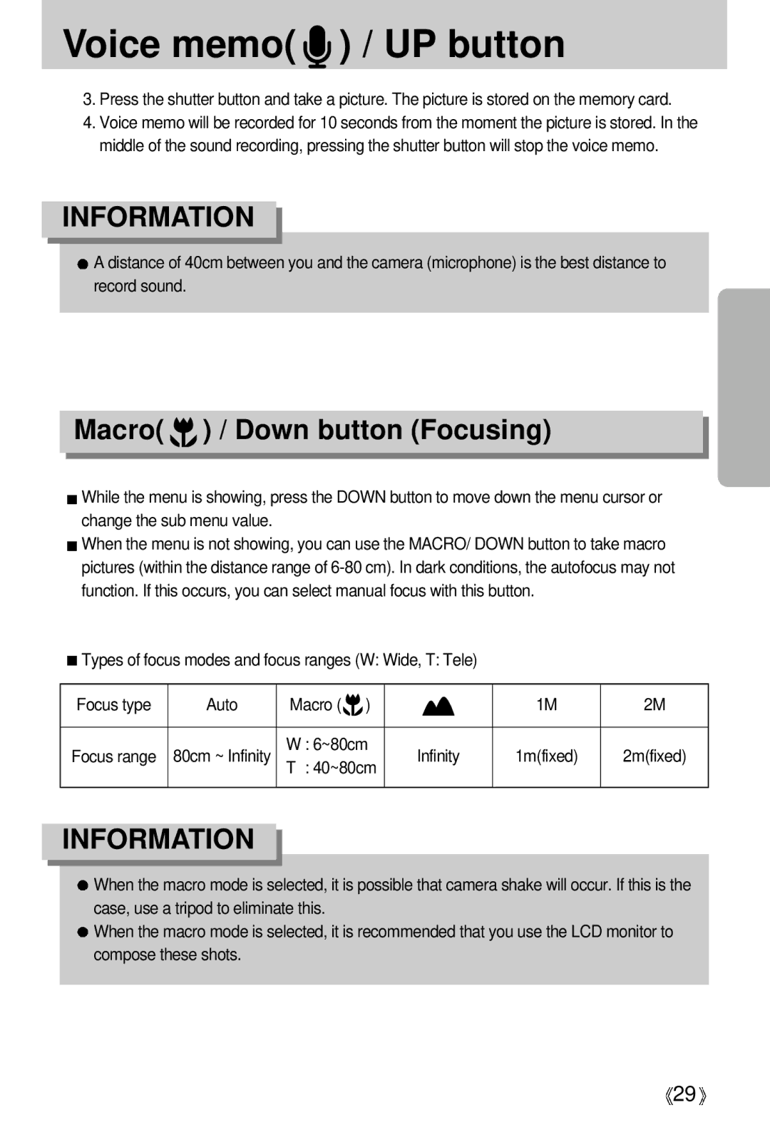 Samsung EC-S500ZSBD/GB, EC-S500ZSBM/E1 manual Voice memo / UP button, Macro / Down button Focusing, ~80cm Infinity, 40~80cm 