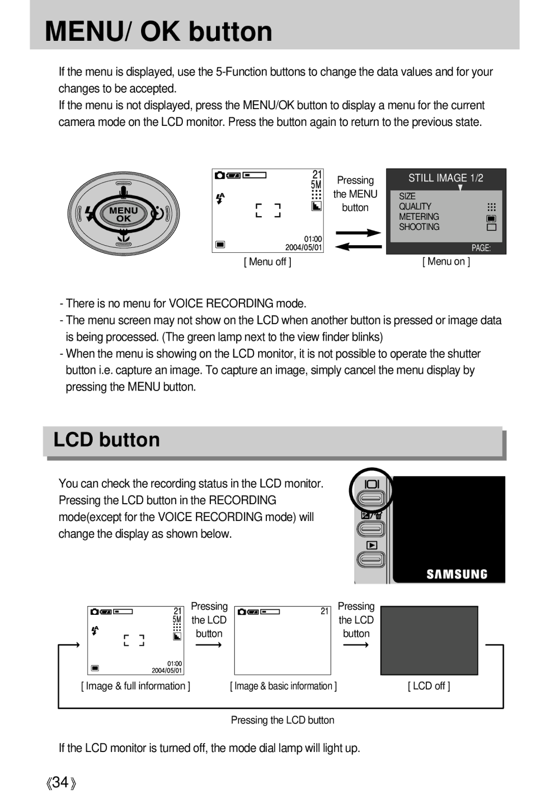 Samsung EC-S500ZSBC/FR, EC-S500ZSBM/E1, EC-S500ZSBD/FR, EC-S500ZSBF/E1, EC-S500ZSBC/DE manual MENU/ OK button, LCD button 