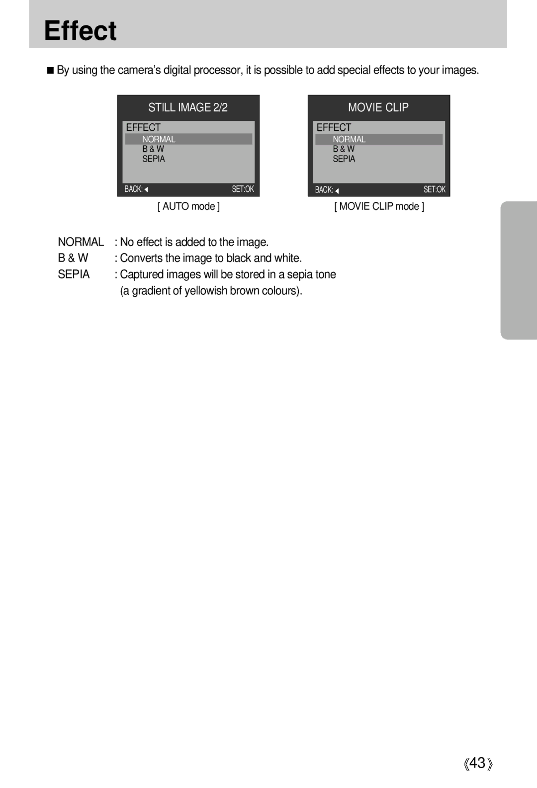 Samsung EC-S500ZSBF/E1, EC-S500ZSBM/E1 manual Effect, No effect is added to the image, Converts the image to black and white 