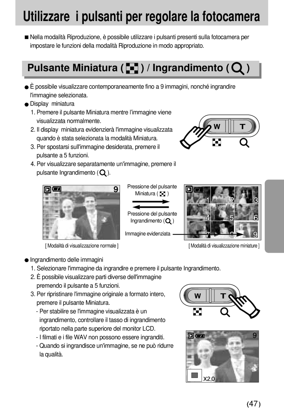 Samsung EC-D530ZSBA/E1, EC-D530ZSAA Utilizzare i pulsanti per regolare la fotocamera, Pulsante Miniatura / Ingrandimento 