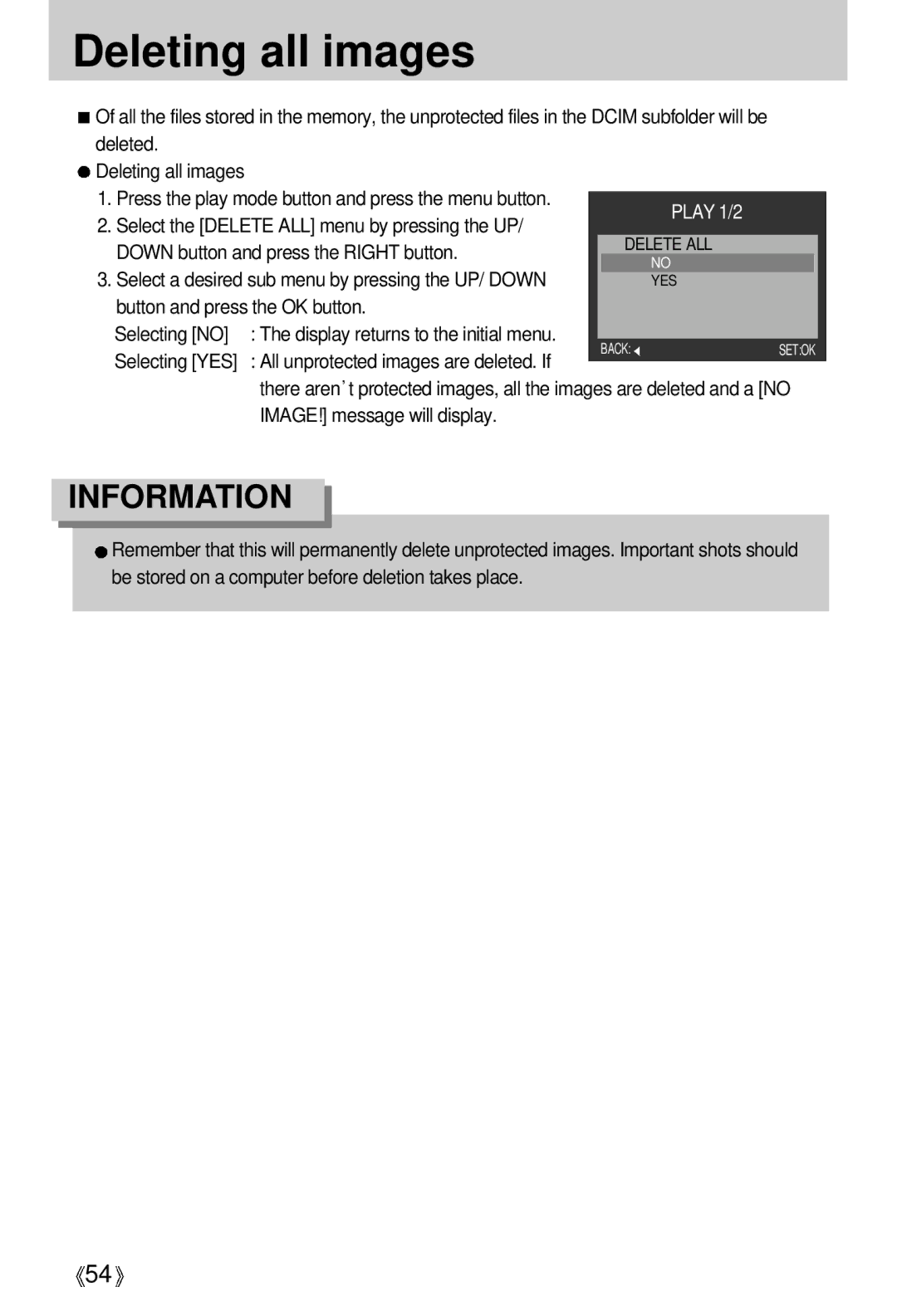 Samsung EC-D530ZSAA, EC-S500ZSBM/E1, EC-S500ZSBD/FR manual Deleting all images, Down button and press the Right button 