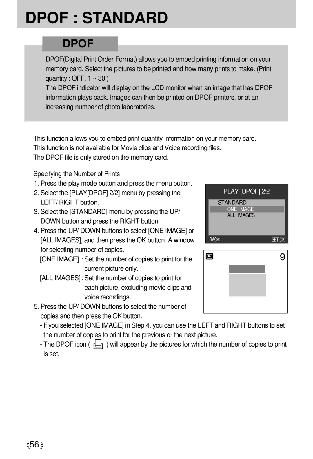 Samsung EC-S500ZSBM/E1 manual Specifying the Number of Prints, Select the Playdpof 2/2 menu by pressing, LEFT/ Right button 