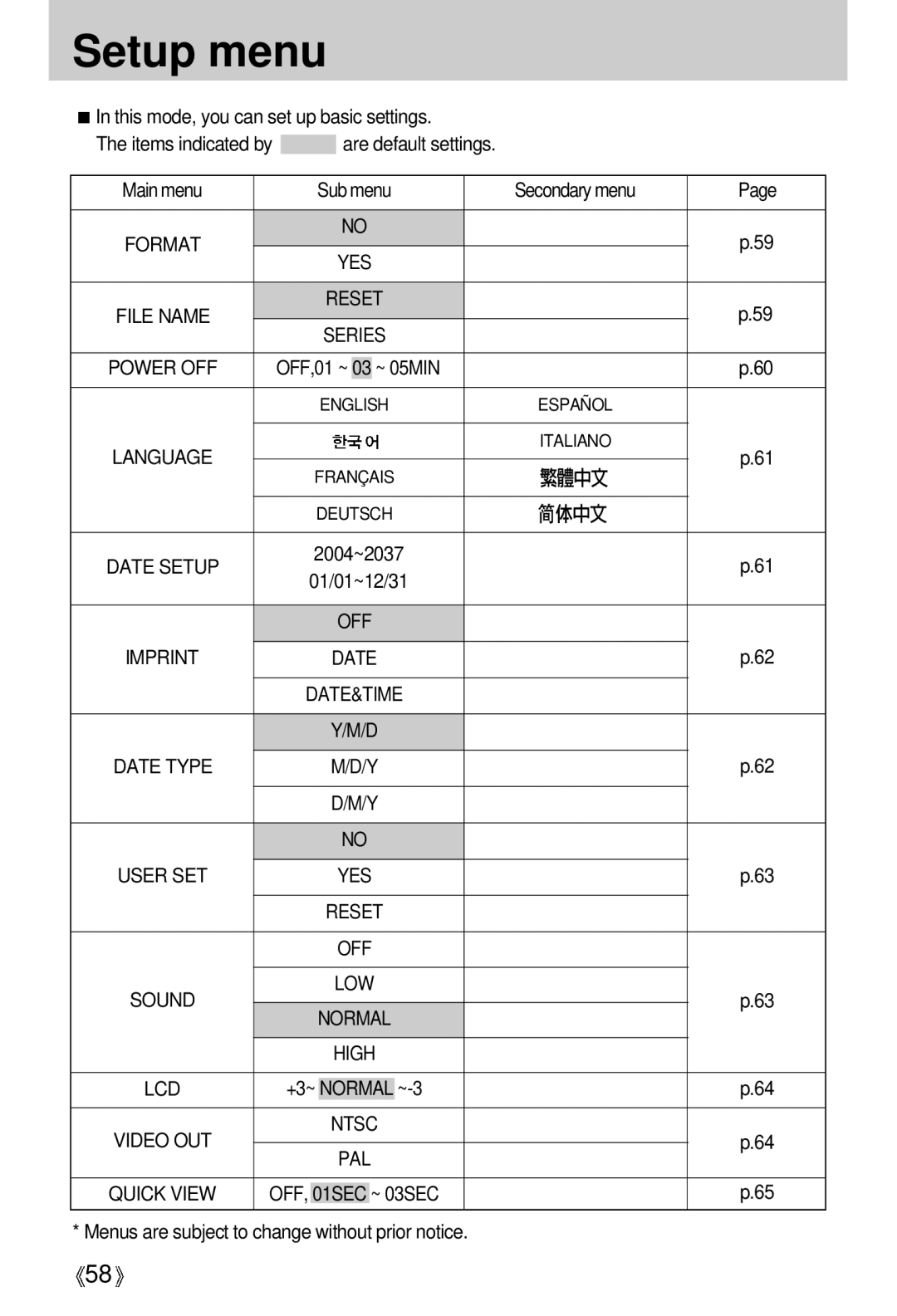 Samsung EC-S500ZSBC/FR, EC-S500ZSBM/E1, EC-S500ZSBD/FR, EC-S500ZSBF/E1, EC-S500ZSBC/DE, EC-S500ZSBD/GB, EC-D530ZSAA Setup menu 