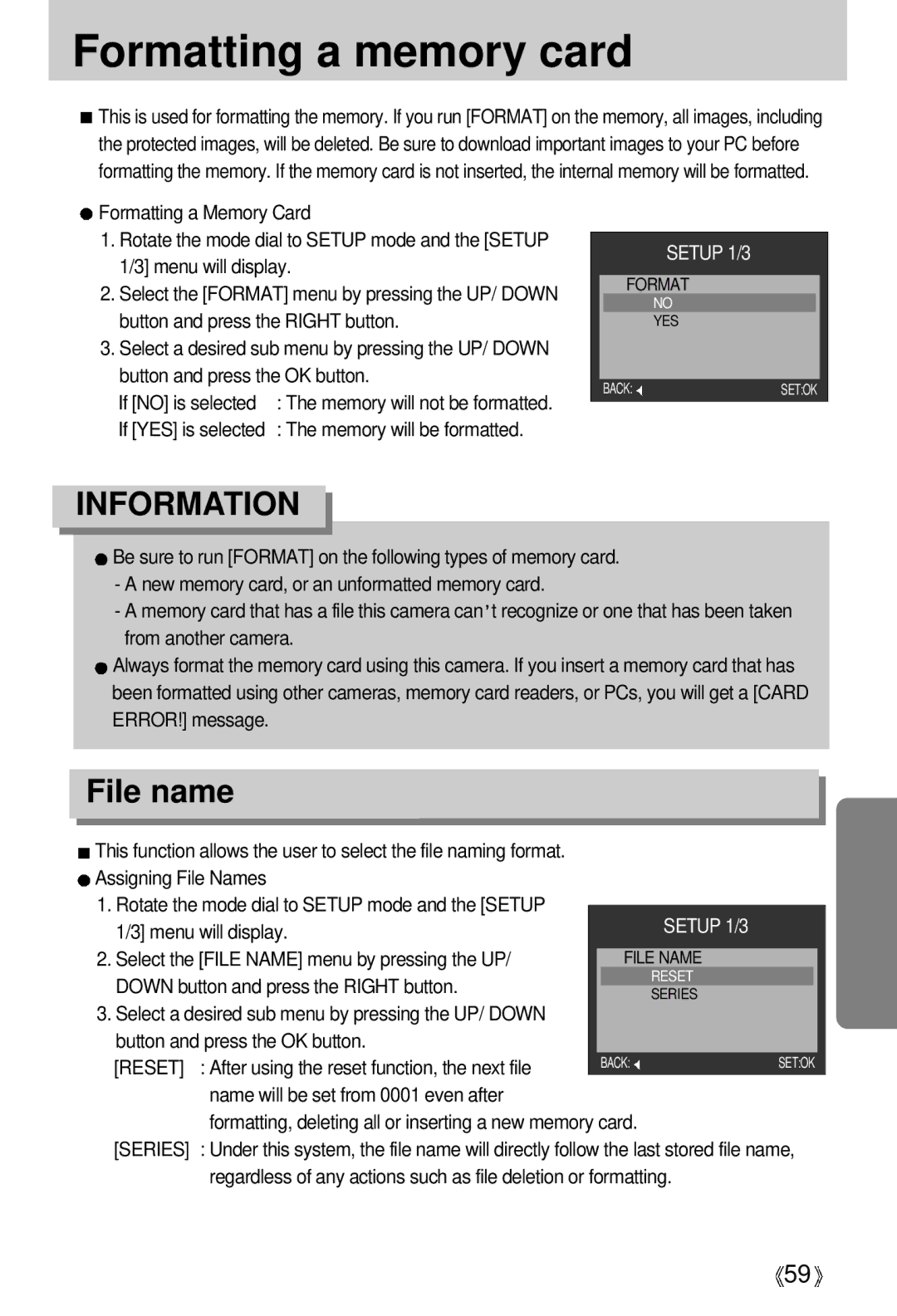 Samsung EC-S500ZSBF/E1, EC-S500ZSBM/E1, EC-S500ZSBD/FR, EC-S500ZSBC/FR Formatting a memory card, File name, Reset, Series 