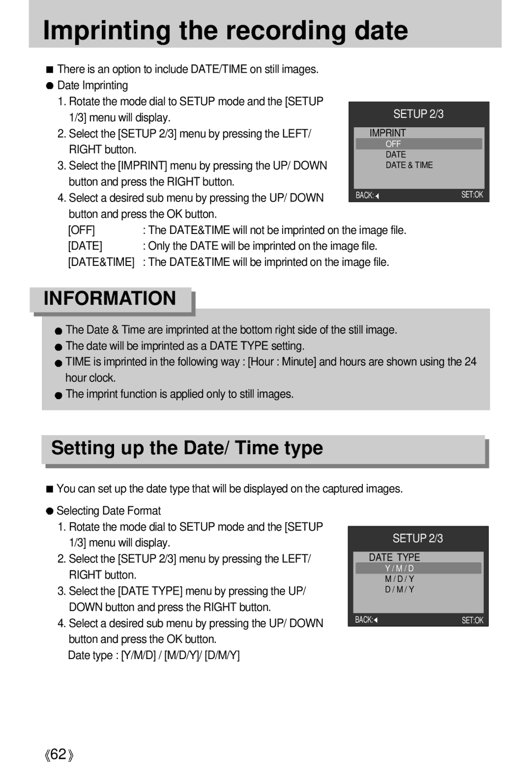 Samsung EC-D530ZSAA, EC-S500ZSBM/E1 manual Imprinting the recording date, Setting up the Date/ Time type, Date&Time 