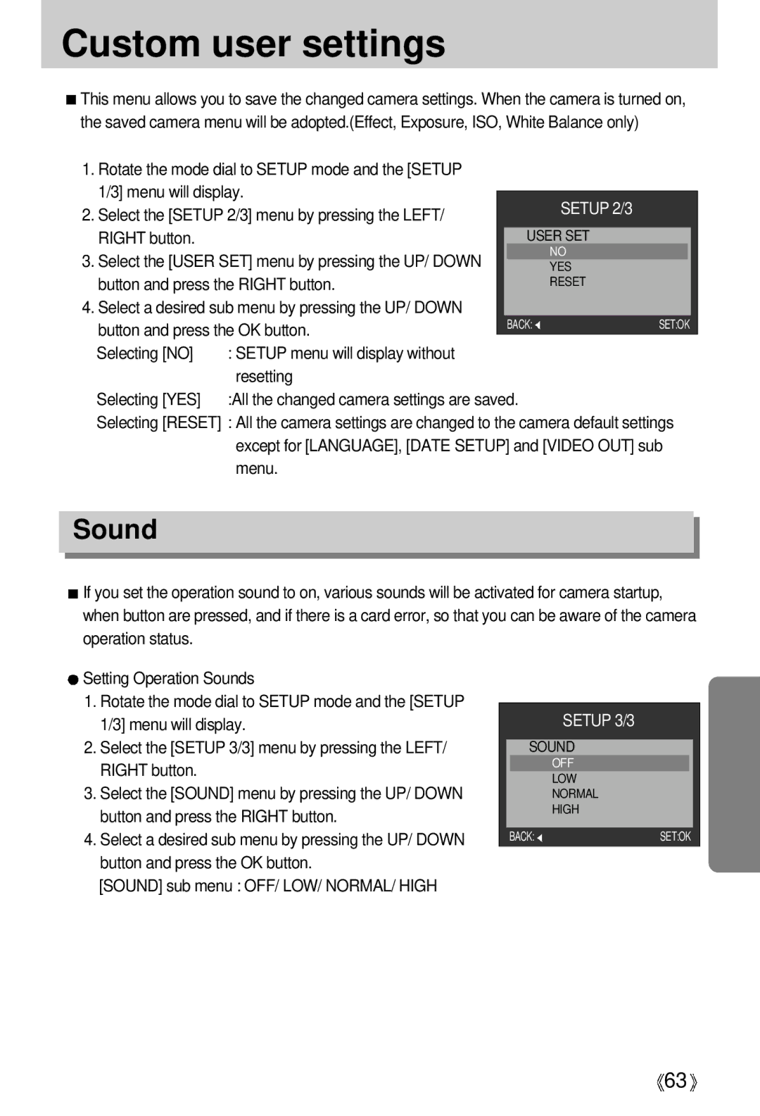 Samsung EC-D530ZSBA/E1, EC-S500ZSBM/E1, EC-S500ZSBD/FR, EC-S500ZSBC/FR, EC-S500ZSBF/E1 manual Custom user settings, Sound 