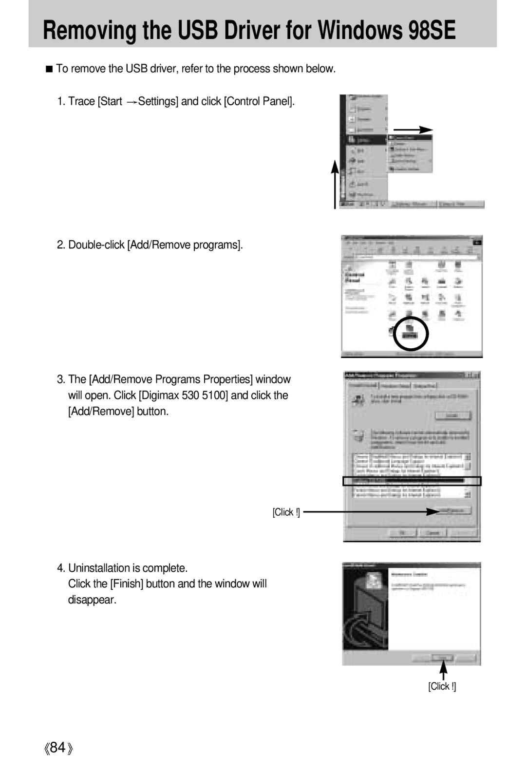 Samsung EC-S500ZSBC/DE, EC-S500ZSBM/E1, EC-S500ZSBD/FR, EC-S500ZSBC/FR, EC-D530ZSAA Removing the USB Driver for Windows 98SE 