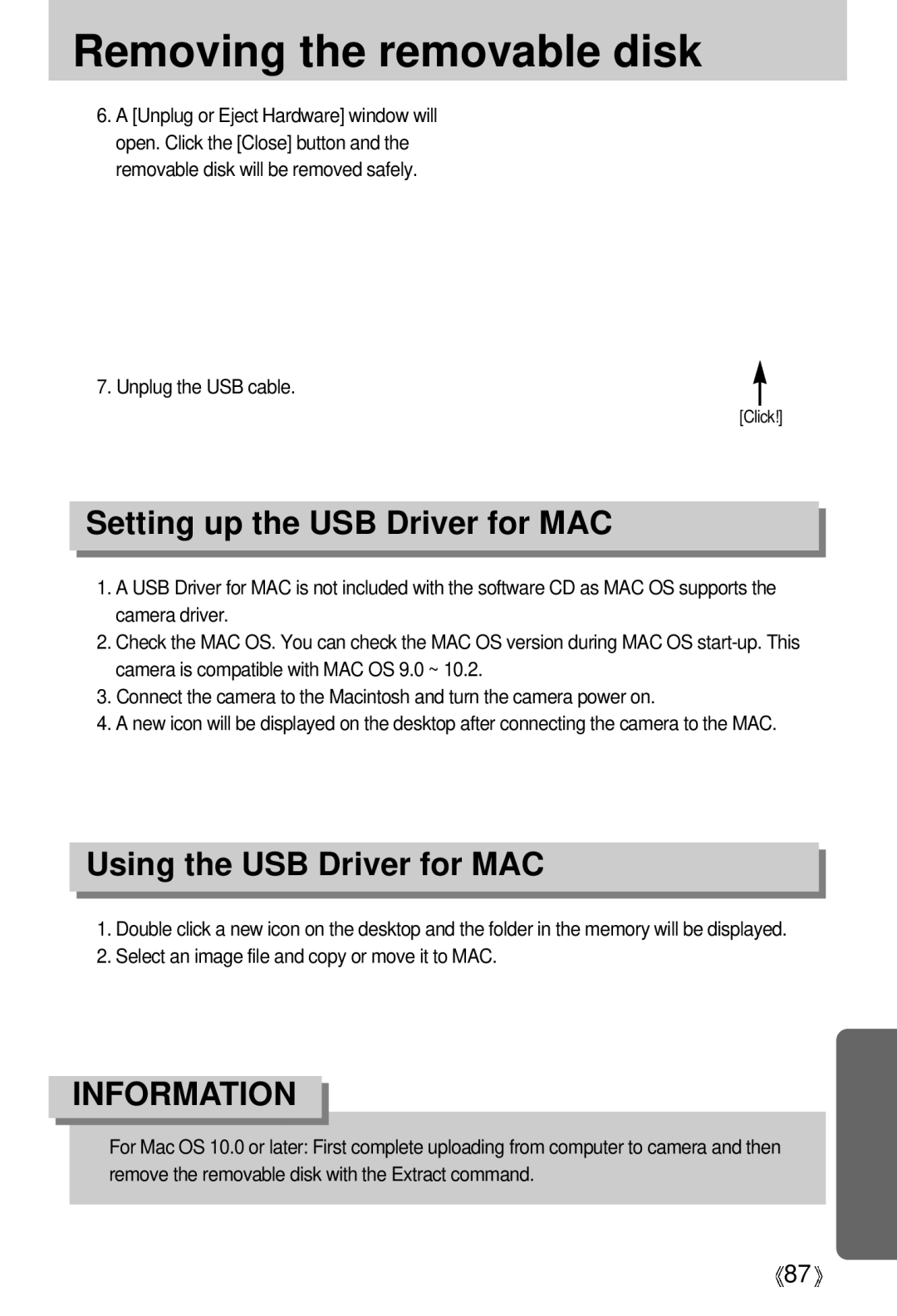 Samsung EC-D530ZSBA/E1, EC-S500ZSBM/E1, EC-S500ZSBD/FR manual Setting up the USB Driver for MAC, Using the USB Driver for MAC 