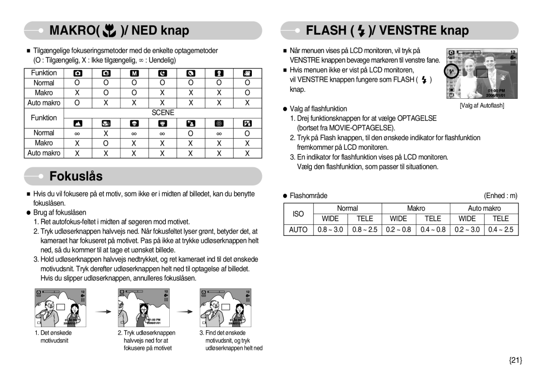 Samsung EC-S600ZBBA/DE, EC-S500ZPBA/E2 manual Fokuslås, Flash / Venstre knap, Iso, Wide Tele Auto 