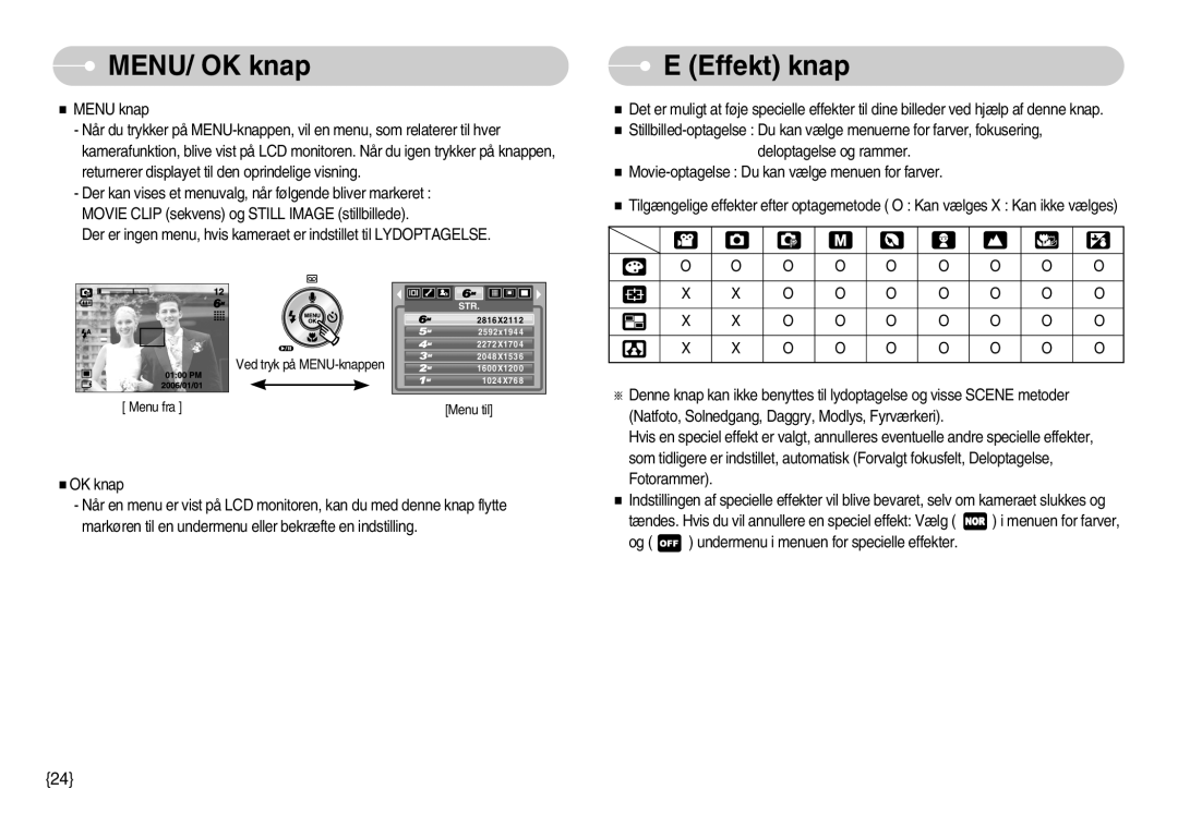 Samsung EC-S500ZPBA/E2, EC-S600ZBBA/DE manual MENU/ OK knap, Effekt knap 