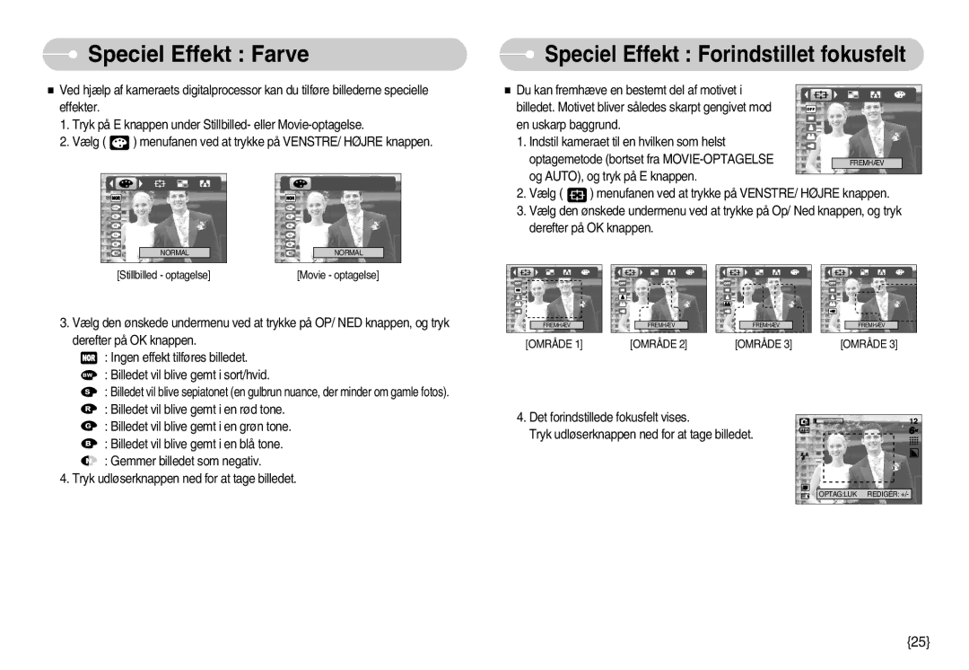 Samsung EC-S600ZBBA/DE, EC-S500ZPBA/E2 manual Speciel Effekt Farve, Speciel Effekt Forindstillet fokusfelt 