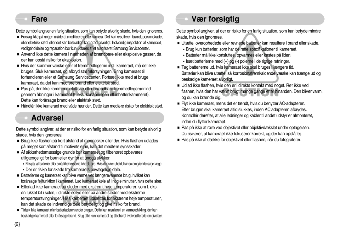 Samsung EC-S500ZPBA/E2, EC-S600ZBBA/DE manual Fare, Vær forsigtig 