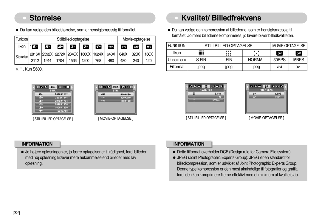 Samsung EC-S500ZPBA/E2, EC-S600ZBBA/DE manual Størrelse, Kvalitet/ Billedfrekvens 