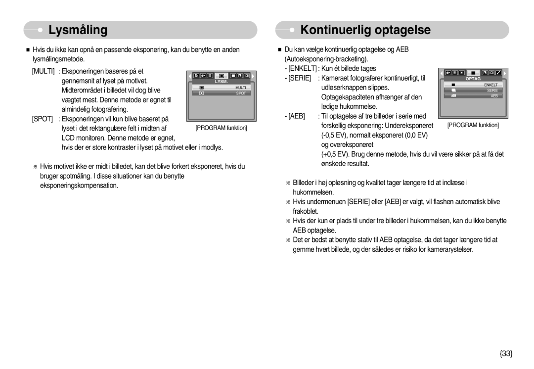 Samsung EC-S600ZBBA/DE, EC-S500ZPBA/E2 manual Lysmåling, Kontinuerlig optagelse 