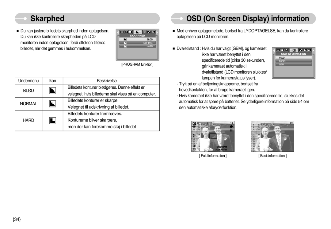 Samsung EC-S500ZPBA/E2, EC-S600ZBBA/DE manual Skarphed, OSD On Screen Display information 