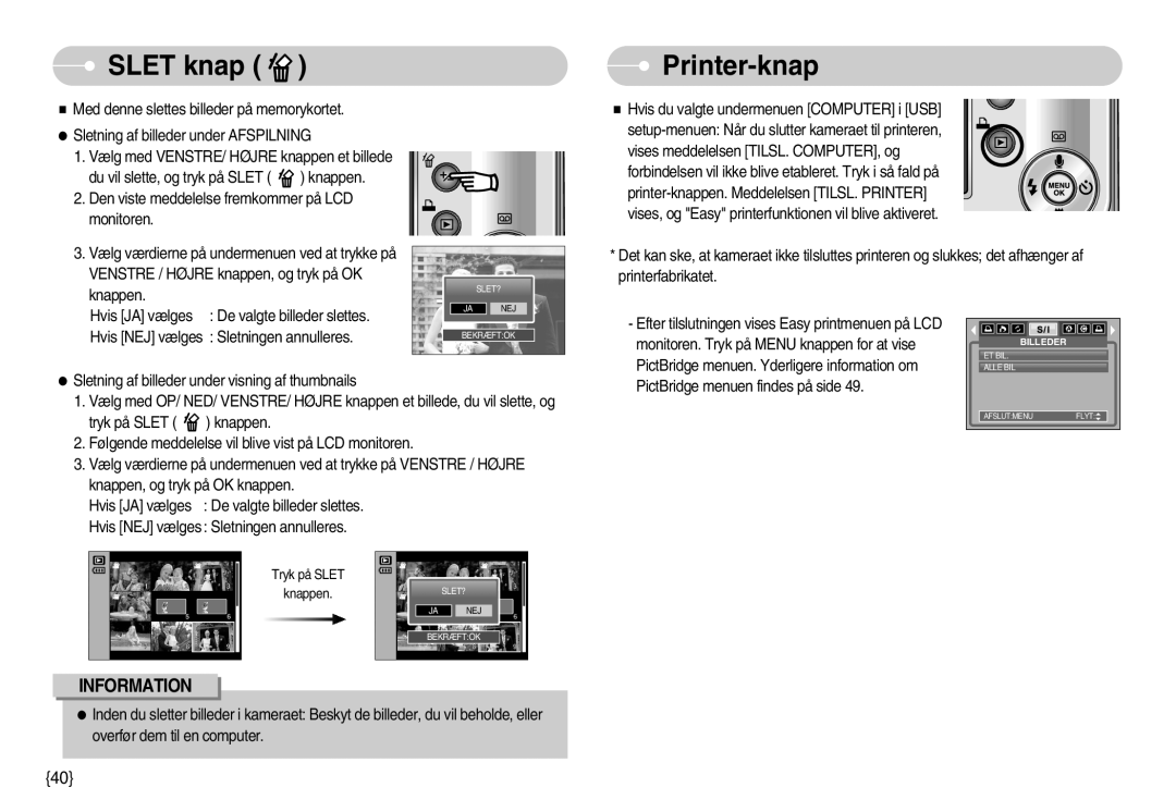 Samsung EC-S500ZPBA/E2, EC-S600ZBBA/DE manual Slet knap, Printer-knap 