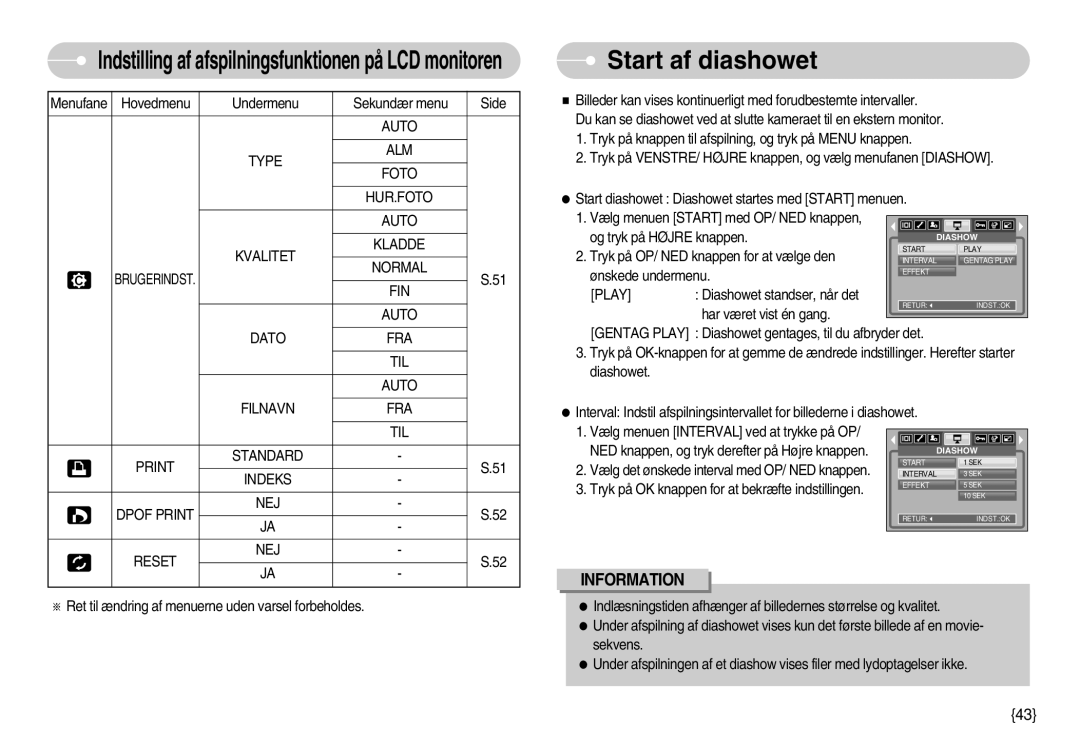 Samsung EC-S600ZBBA/DE, EC-S500ZPBA/E2 manual Start af diashowet, Auto Type ALM Foto HUR.FOTO Kvalitet Kladde, Play 