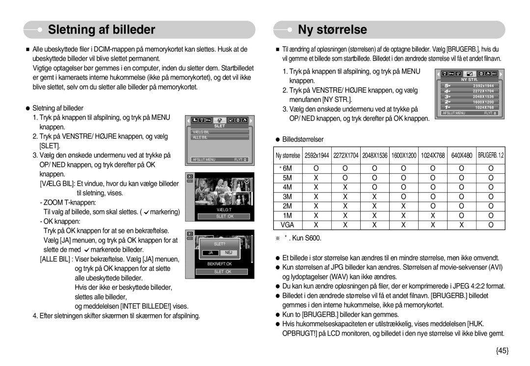 Samsung EC-S600ZBBA/DE, EC-S500ZPBA/E2 manual Sletning af billeder, Ny størrelse 