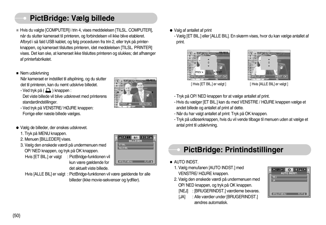 Samsung EC-S500ZPBA/E2, EC-S600ZBBA/DE manual PictBridge Vælg billede, PictBridge Printindstillinger 