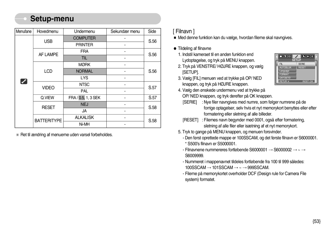 Samsung EC-S600ZBBA/DE, EC-S500ZPBA/E2 manual PAL View, Reset NEJ Batteritype Alkalisk, Setup 