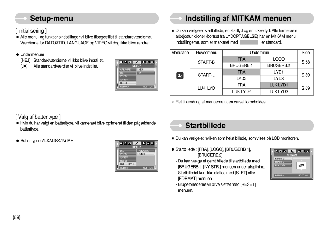 Samsung EC-S500ZPBA/E2, EC-S600ZBBA/DE manual Indstilling af Mitkam menuen, Startbillede 