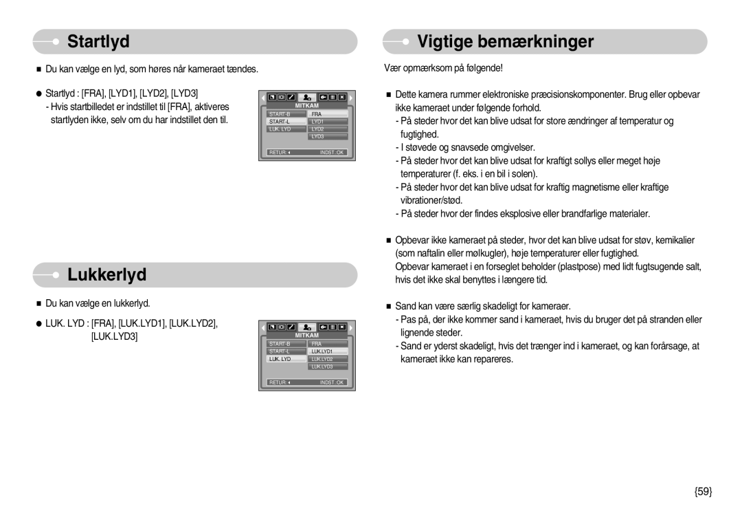 Samsung EC-S600ZBBA/DE manual Startlyd, Vigtige bemærkninger, Lukkerlyd, LUK. LYD FRA, LUK.LYD1, LUK.LYD2, LUK.LYD3 