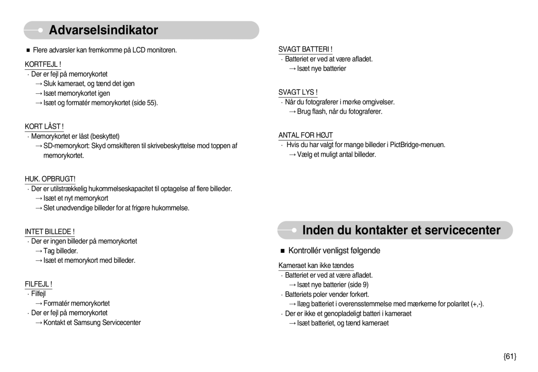 Samsung EC-S600ZBBA/DE, EC-S500ZPBA/E2 manual Inden du kontakter et servicecenter 