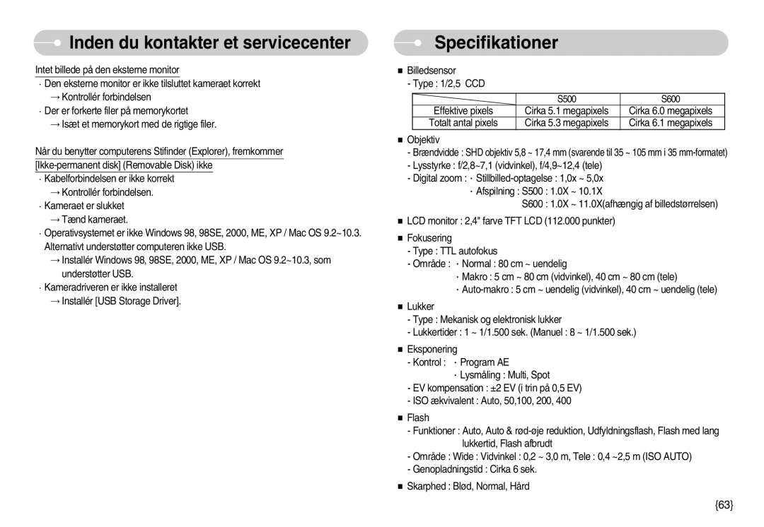 Samsung EC-S600ZBBA/DE, EC-S500ZPBA/E2 manual Specifikationer 