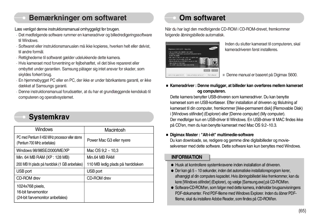 Samsung EC-S600ZBBA/DE, EC-S500ZPBA/E2 manual Bemærkninger om softwaret, Systemkrav, Om softwaret 