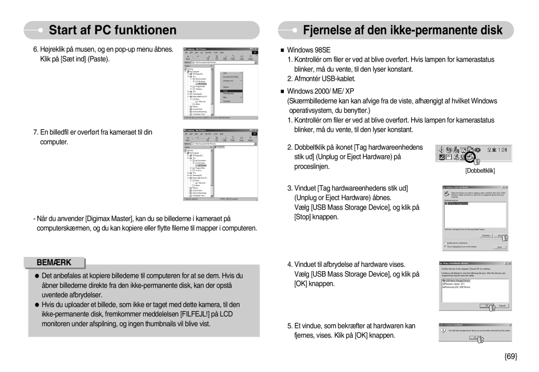 Samsung EC-S600ZBBA/DE, EC-S500ZPBA/E2 manual Fjernelse af den ikke-permanente disk 