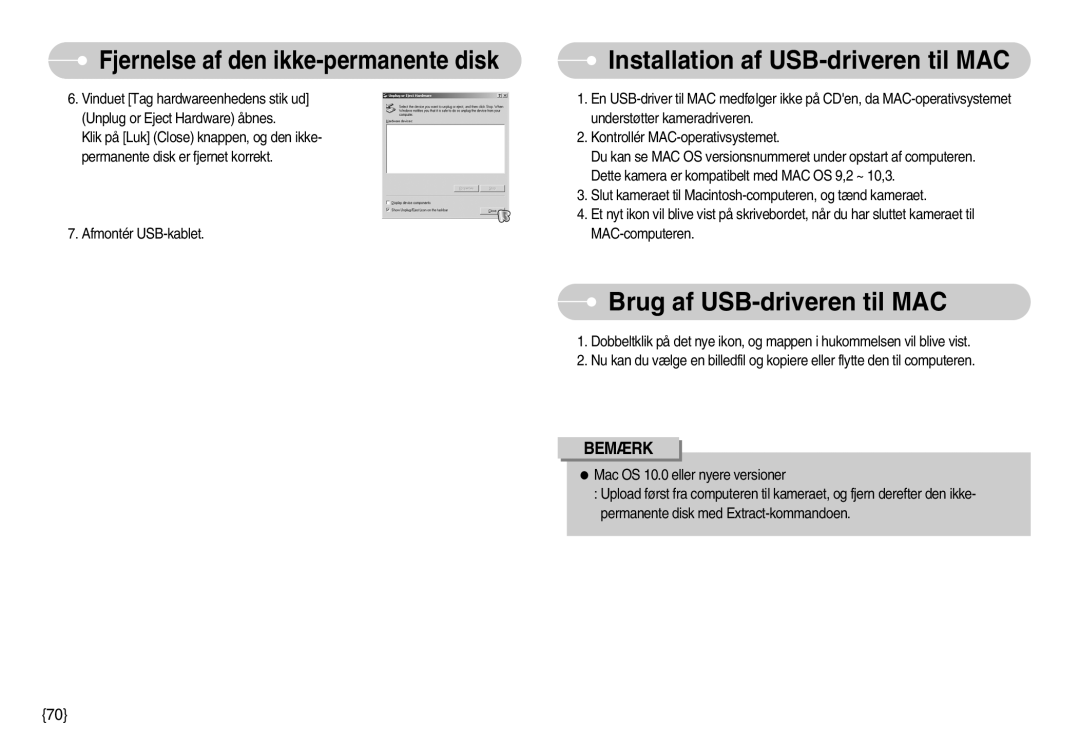 Samsung EC-S500ZPBA/E2, EC-S600ZBBA/DE manual Installation af USB-driveren til MAC, Brug af USB-driveren til MAC 