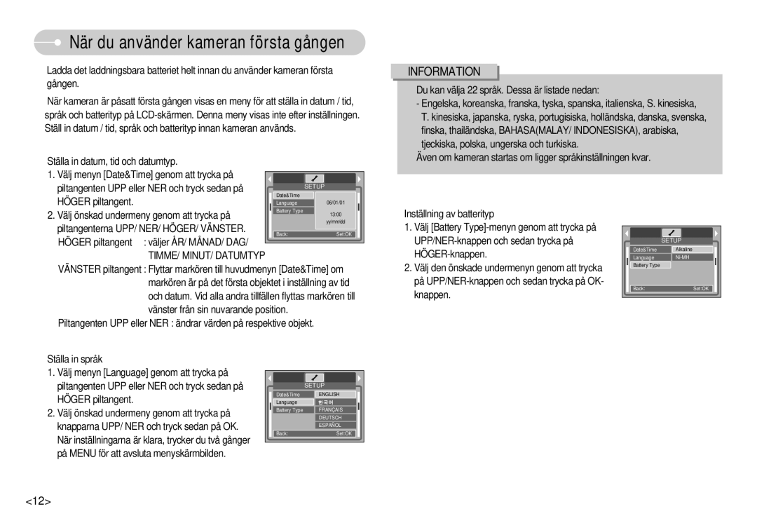 Samsung EC-S500ZPBA/E2, EC-S600ZBBA/DE manual När du använder kameran första gången, TIMME/ MINUT/ Datumtyp 