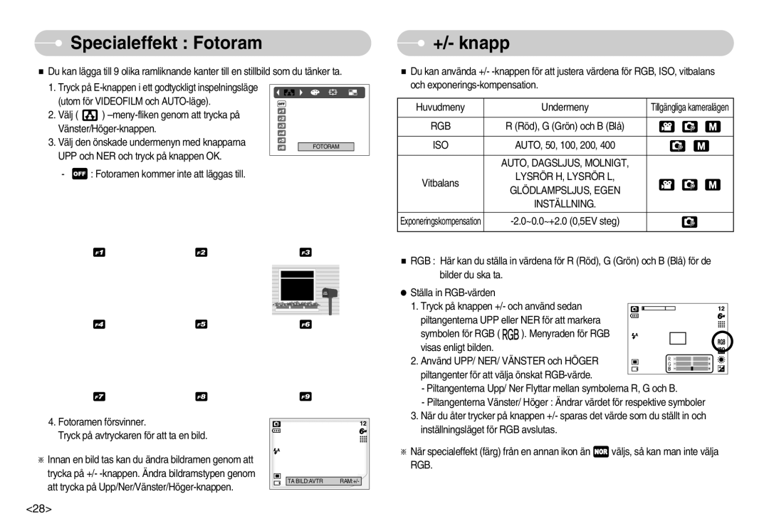 Samsung EC-S500ZPBA/E2, EC-S600ZBBA/DE manual Specialeffekt Fotoram, +/- knapp, AUTO, DAGSLJUS, Molnigt 