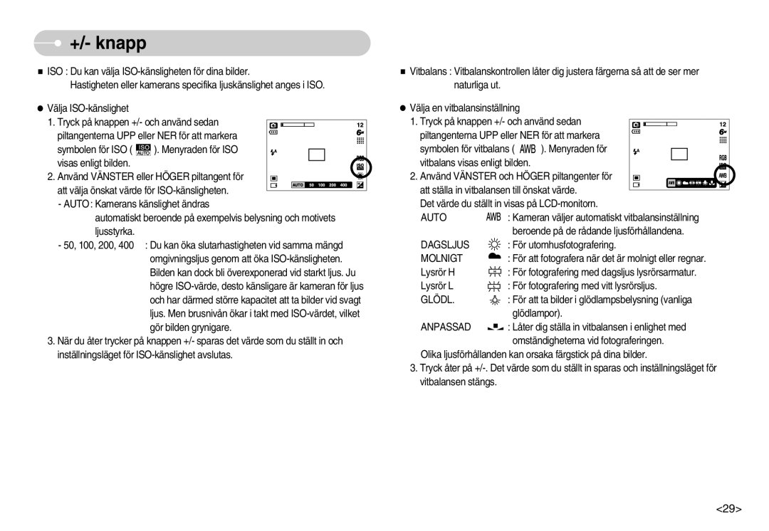 Samsung EC-S600ZBBA/DE, EC-S500ZPBA/E2 manual Dagsljus, Molnigt, Glödl, Anpassad 