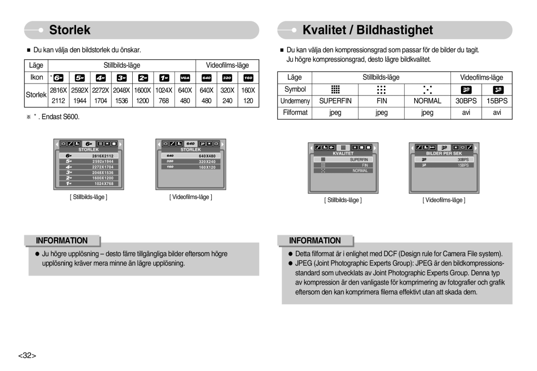 Samsung EC-S500ZPBA/E2, EC-S600ZBBA/DE manual Storlek, Kvalitet / Bildhastighet, Ikon, Superfin FIN Normal 30BPS 15BPS 