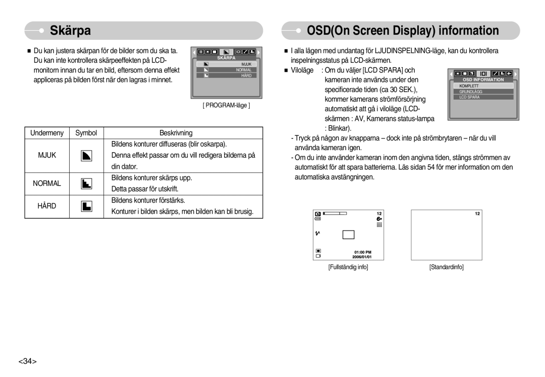 Samsung EC-S500ZPBA/E2, EC-S600ZBBA/DE manual Skärpa, OSDOn Screen Display information 