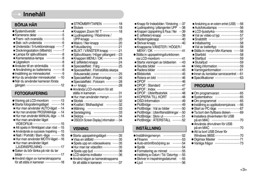 Samsung EC-S600ZBBA/DE, EC-S500ZPBA/E2 manual Innehåll 