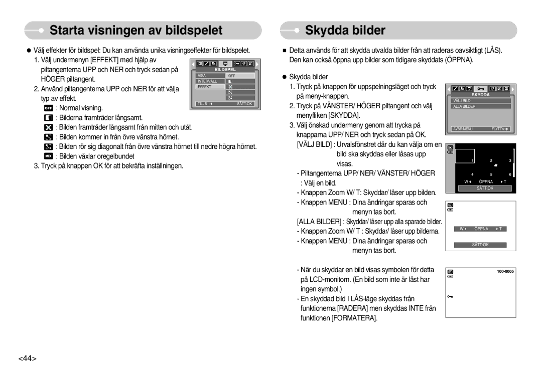 Samsung EC-S500ZPBA/E2, EC-S600ZBBA/DE manual Starta visningen av bildspelet, Skydda bilder 