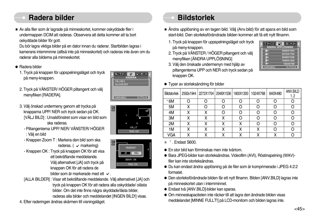 Samsung EC-S600ZBBA/DE, EC-S500ZPBA/E2 manual Radera bilder, Bildstorlek 