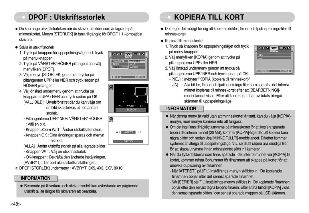 Samsung EC-S500ZPBA/E2, EC-S600ZBBA/DE manual Dpof Utskriftsstorlek, Kopiera Till Kort 