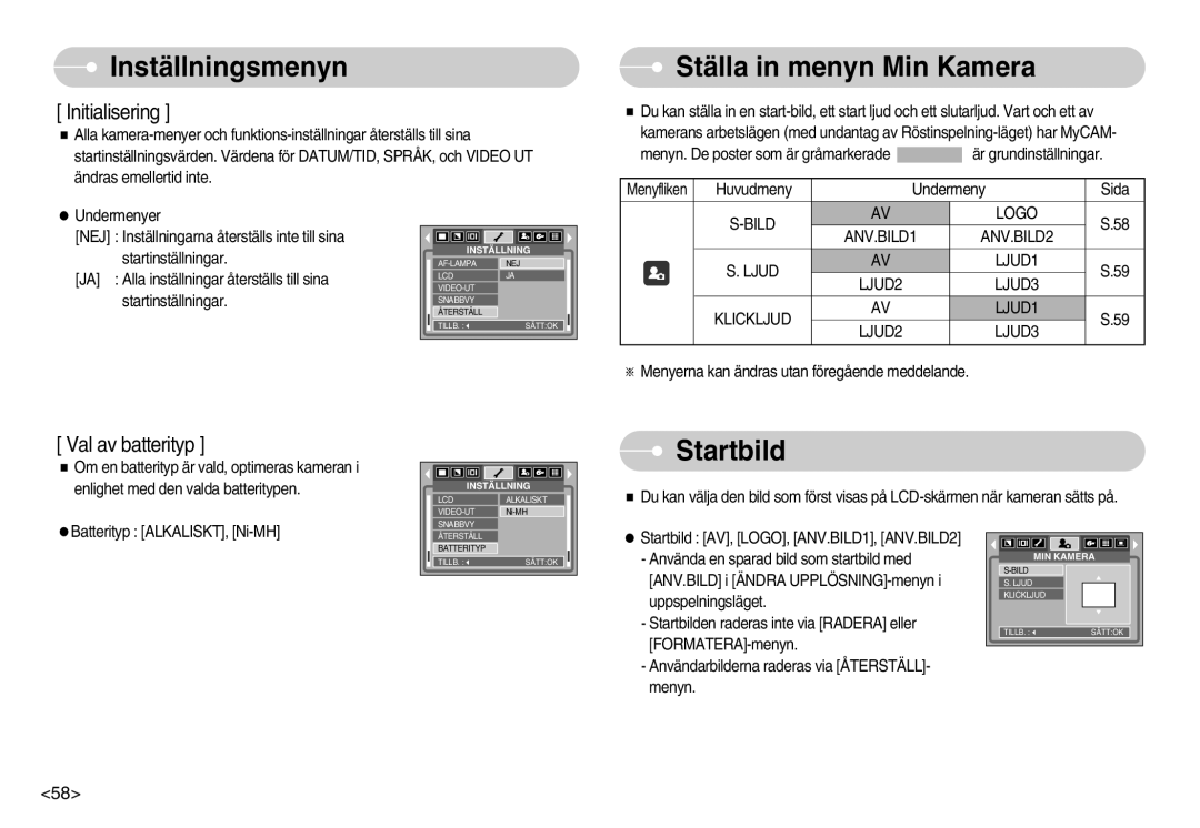 Samsung EC-S500ZPBA/E2, EC-S600ZBBA/DE manual Ställa in menyn Min Kamera, Startbild, Logo 