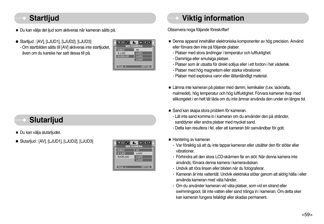 Samsung EC-S600ZBBA/DE, EC-S500ZPBA/E2 manual Startljud, Viktig information, Slutarljud 