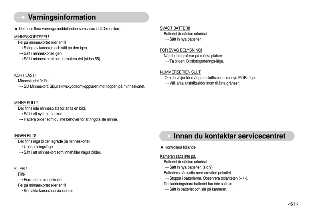 Samsung EC-S600ZBBA/DE, EC-S500ZPBA/E2 manual Varningsinformation, Innan du kontaktar servicecentret 