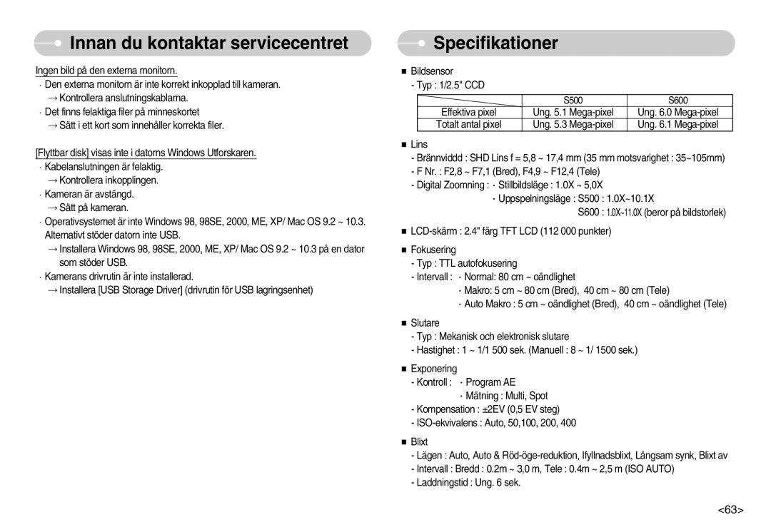 Samsung EC-S600ZBBA/DE, EC-S500ZPBA/E2 manual Specifikationer 