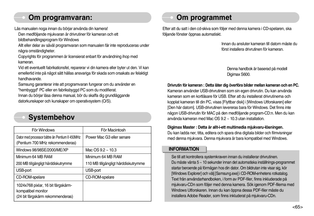 Samsung EC-S600ZBBA/DE, EC-S500ZPBA/E2 manual Om programvaran, Systembehov, Om programmet, För Windows För Macintosh 