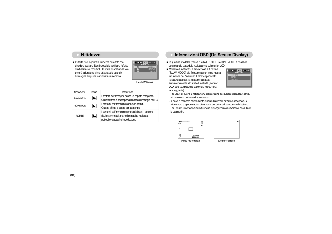 Samsung EC-S700ZBBA/E1, EC-S700ZBBB/E1 manual Nitidezza, Informazioni OSD On Screen Display 