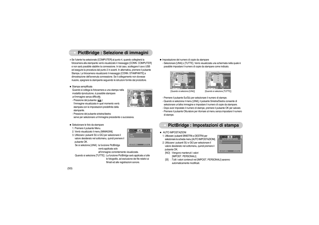 Samsung EC-S700ZBBA/E1 manual PictBridge Selezione di immagini, PictBridge Impostazioni di stampa, Auto Impostazioni 