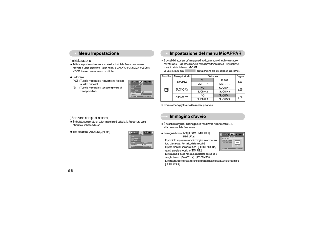 Samsung EC-S700ZBBA/E1, EC-S700ZBBB/E1 Impostazione del menu MioAPPAR, Immagine davvio, IMM. Iniz Logo, Suono AV Suono OT 